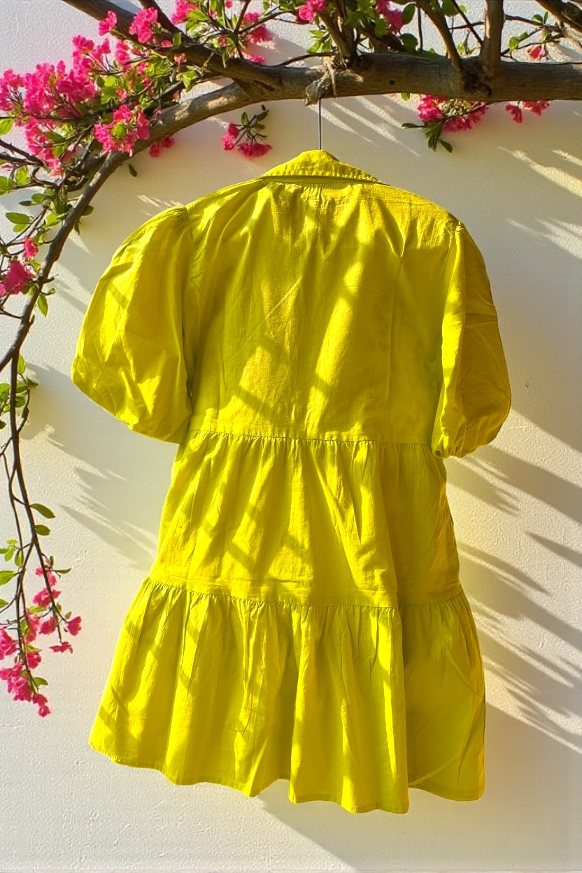 Bloom Hand-Embroidered Cotton Shirt Dress - Yellow