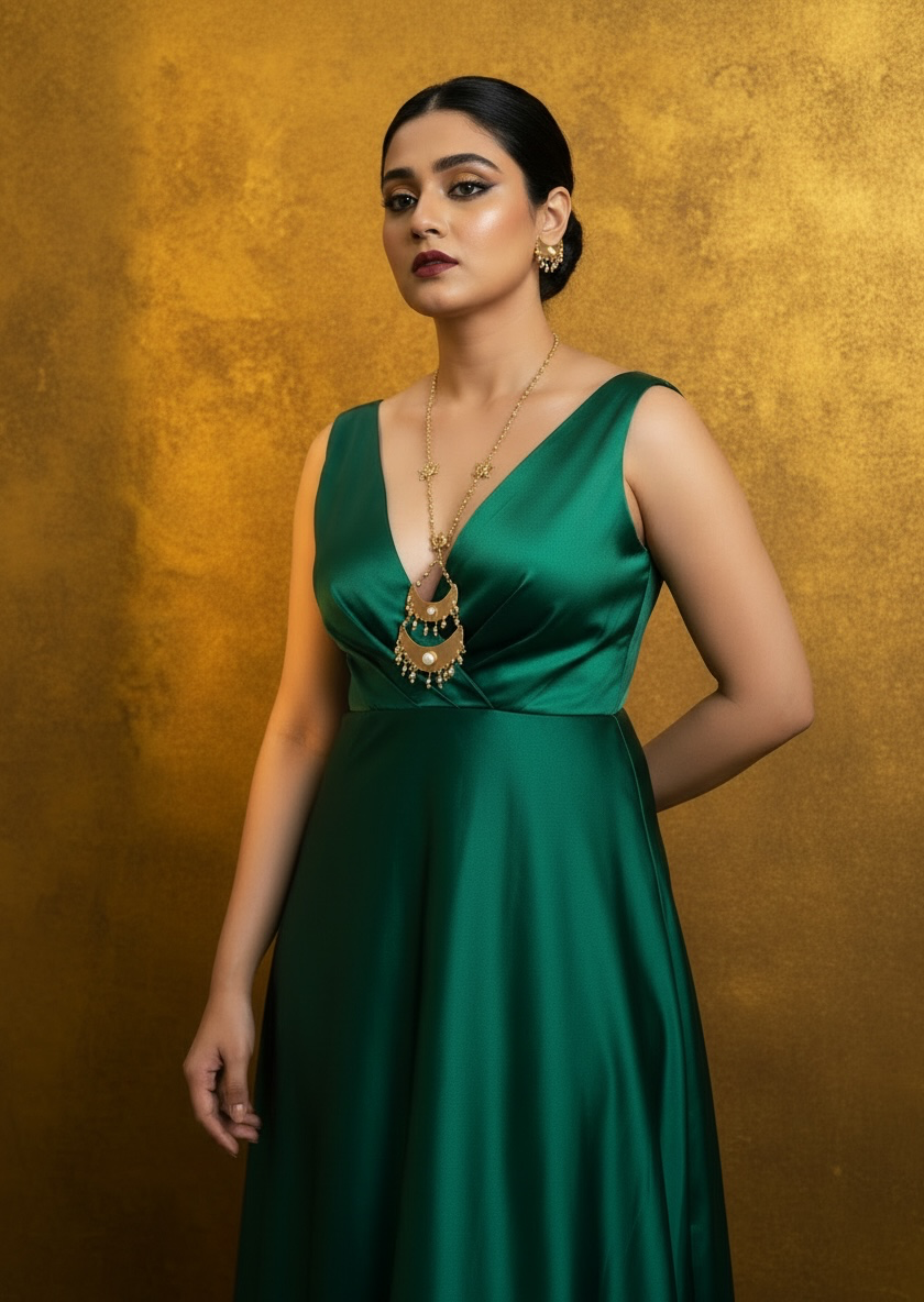 Dwitiya Chandni Moon Pearl Brass Long Pendant Chain Necklace Jewelry Set (Necklace, Earrings)