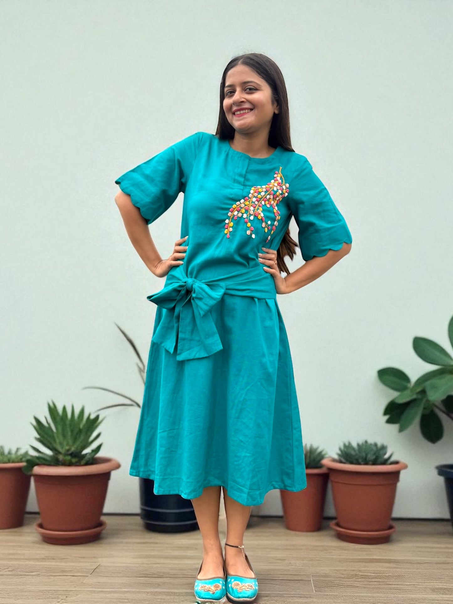 Nobita Embroidered Khadi Cotton Wrap Belt Dress - Turquoise Blue