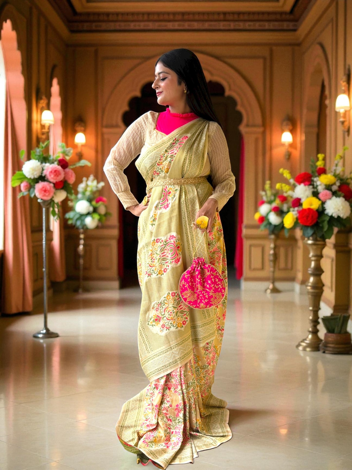 Manjari Pashmina Benarasi Saree - Cream