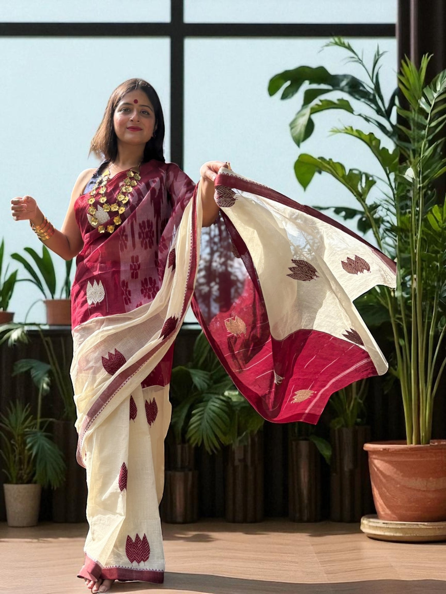 Autumn Leaf Cream Maroon Kantha Stitch Embroidered Cotton Saree