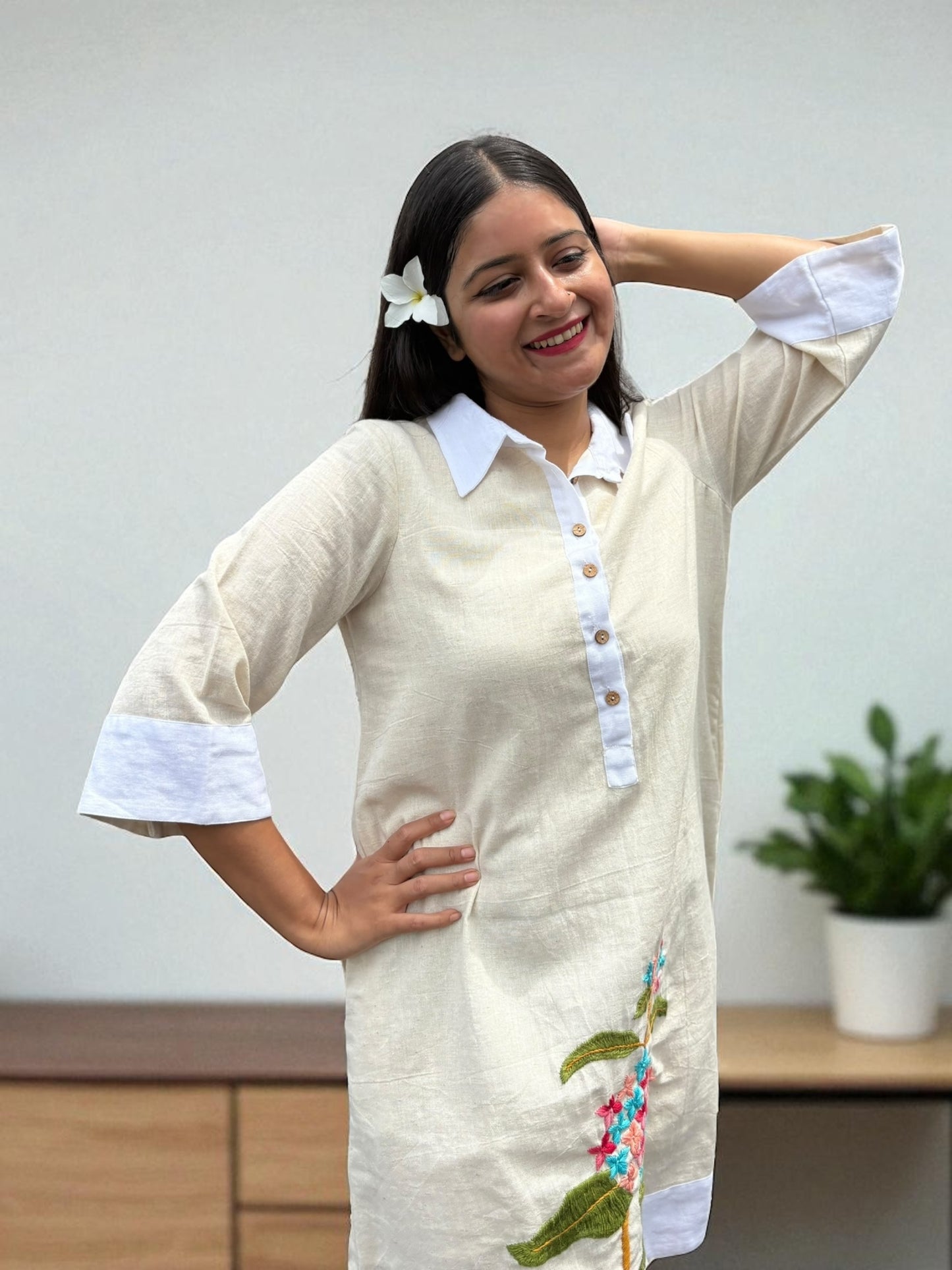 Sarang Antifit Sleeves Embroidered Khadi Cotton A-line Dress - Cream
