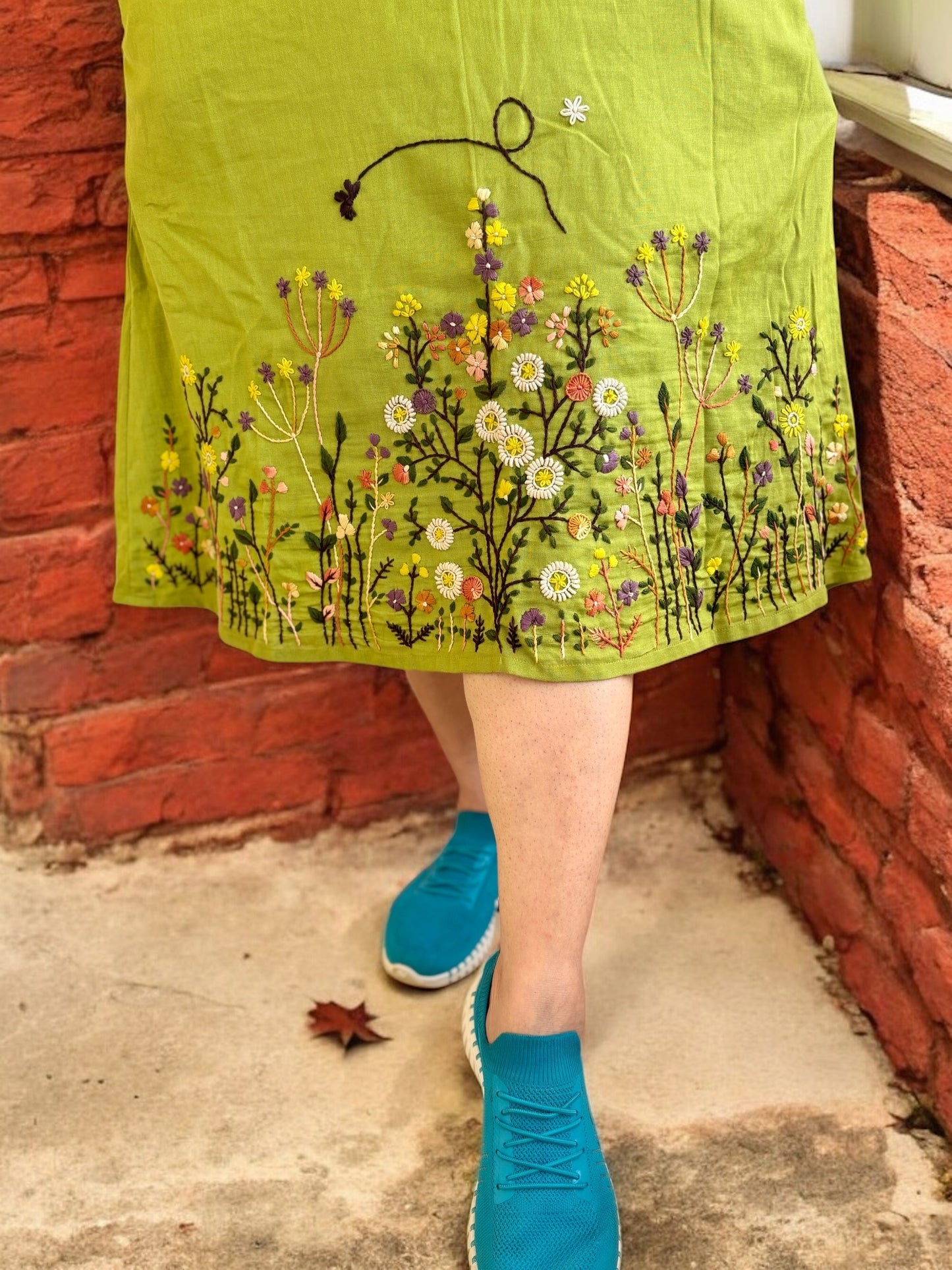 Bianca Embroidered Khadi Cotton A-line Dress - Green