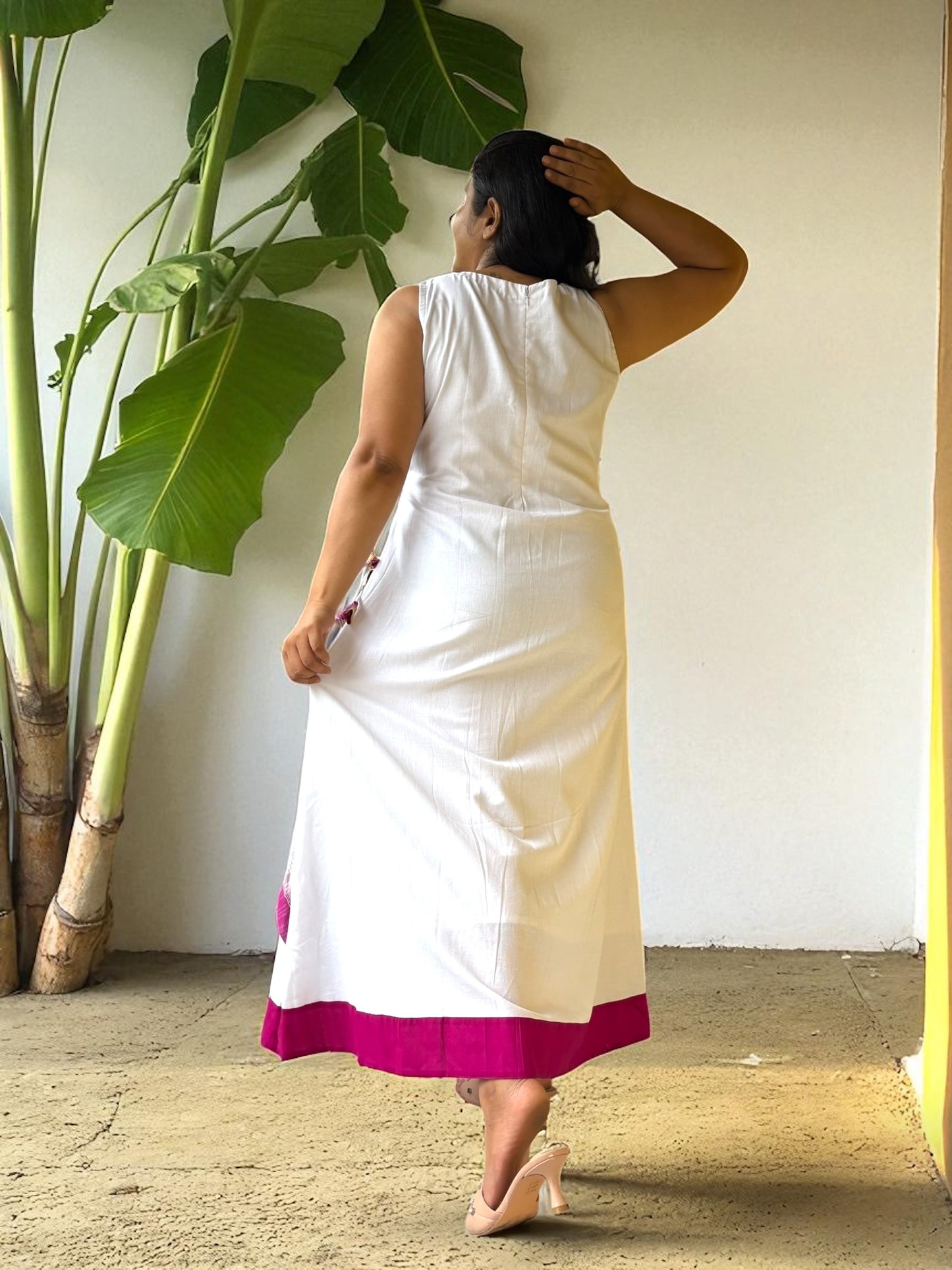 Birangana Assamese Cotton Long Dress - White & Purple