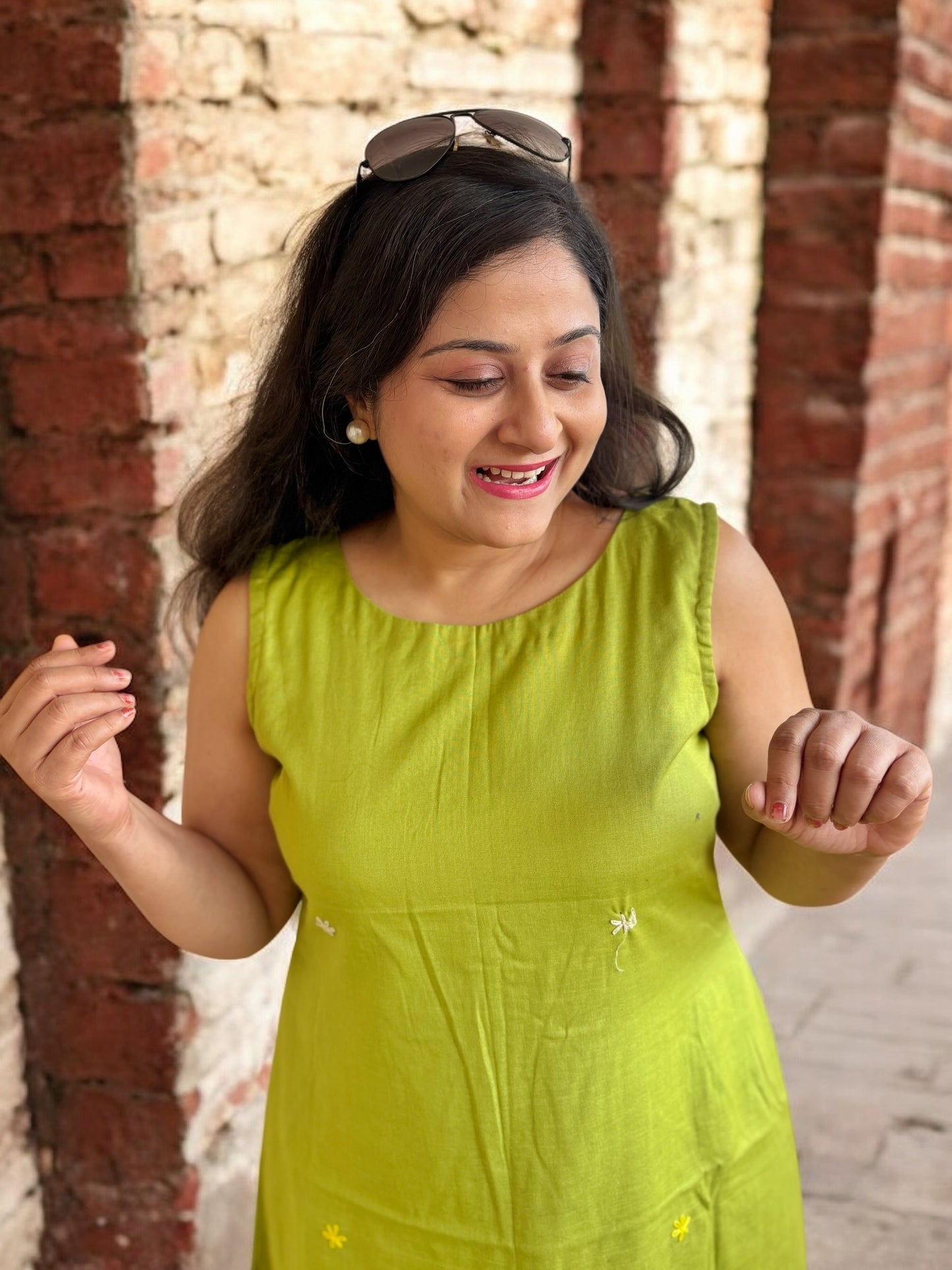 Bianca Embroidered Khadi Cotton A-line Dress - Green