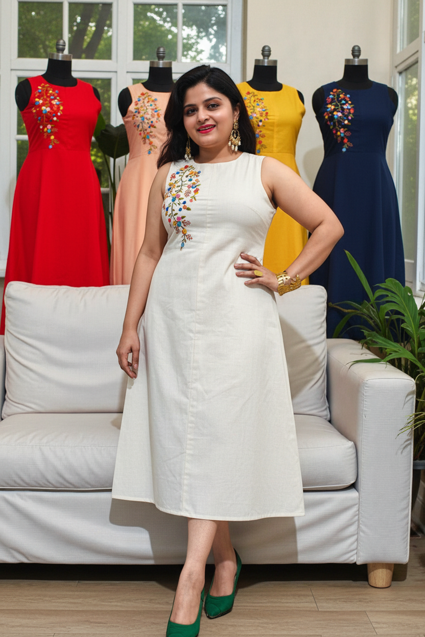 Ishani Hand-Embroidered Cotton Midi Dress - Red