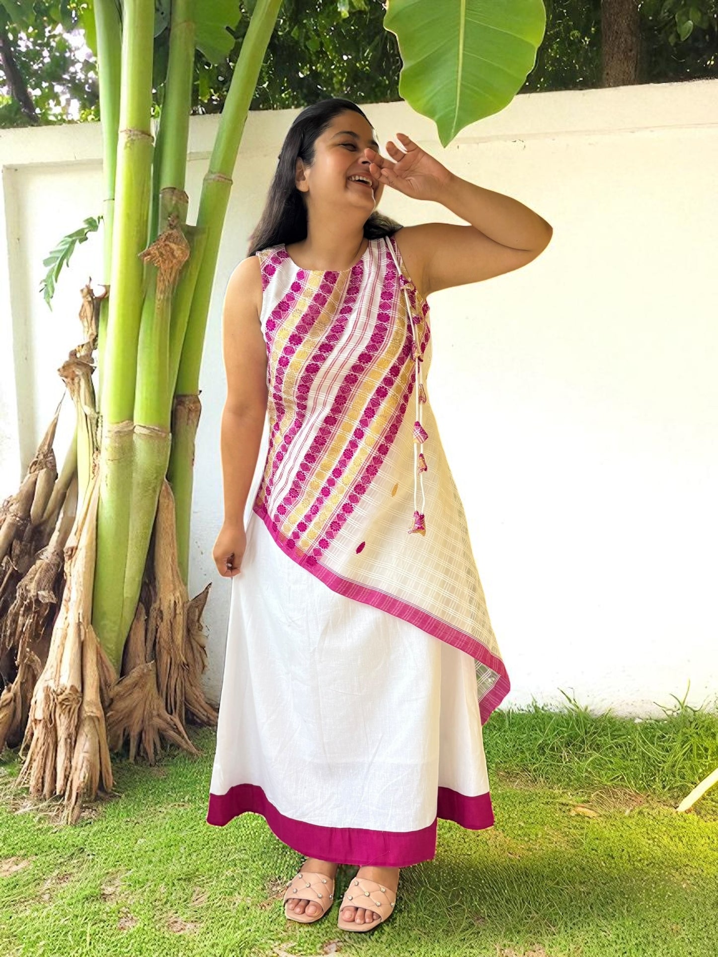 Birangana Assamese Cotton Long Dress - White & Purple
