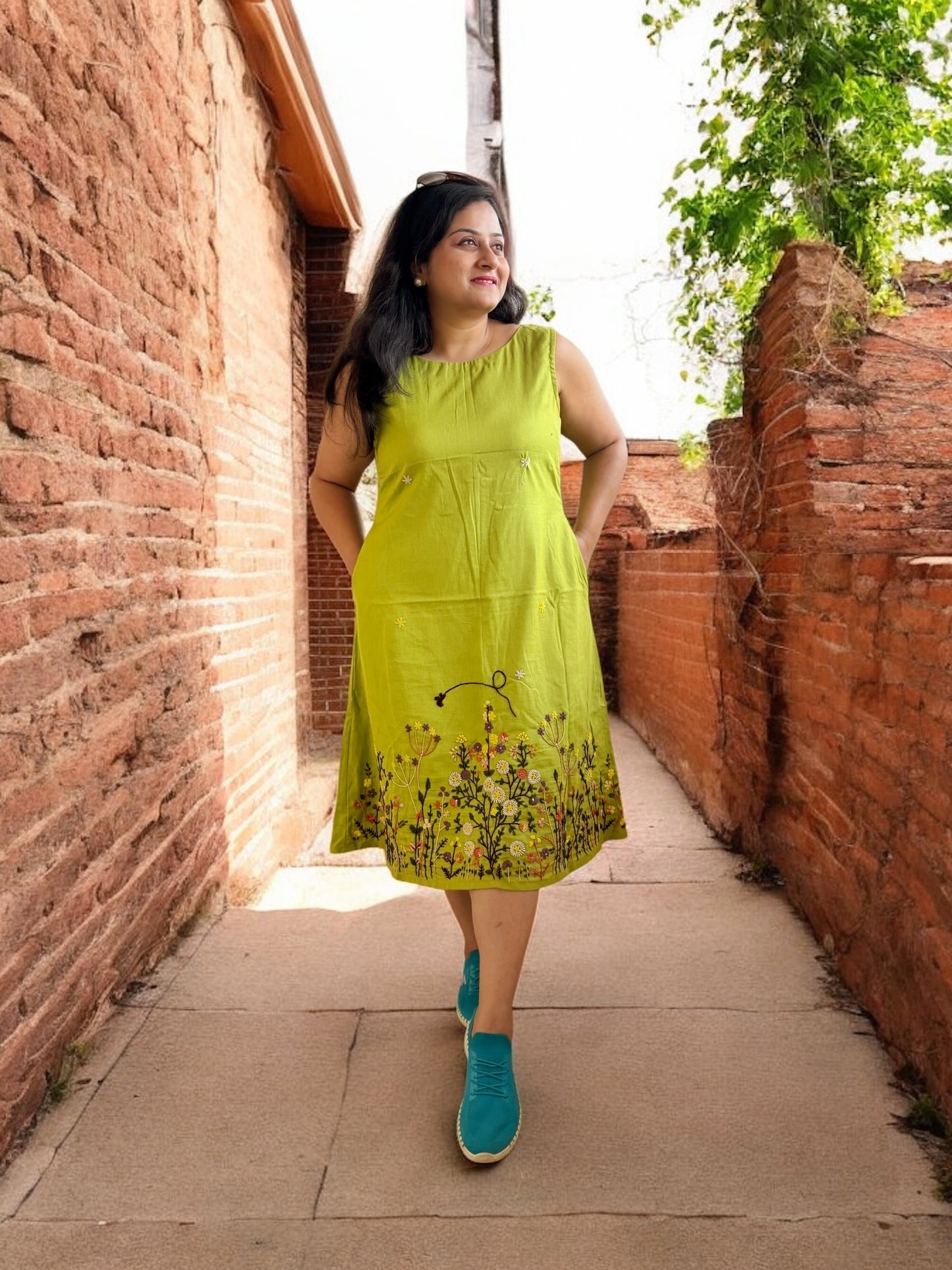 Bianca Embroidered Khadi Cotton A-line Dress - Green