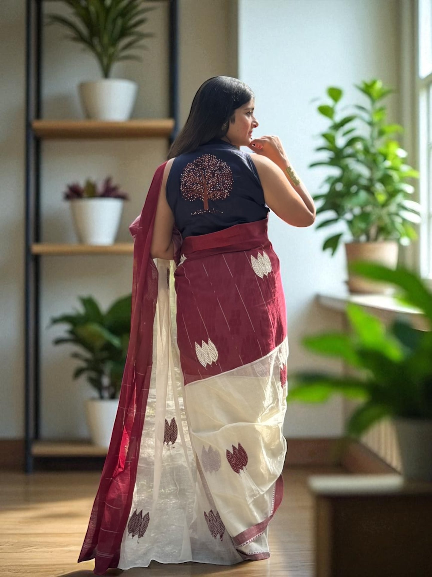 Autumn Leaf Cream Maroon Kantha Stitch Embroidered Cotton Saree