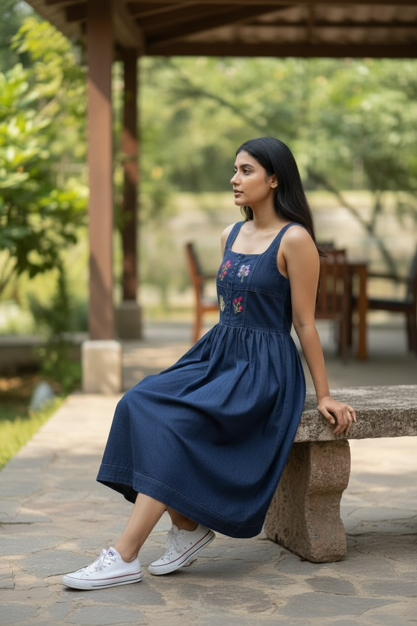 Fiore Hand-Embroidered Strappy Denim Dress - Blue