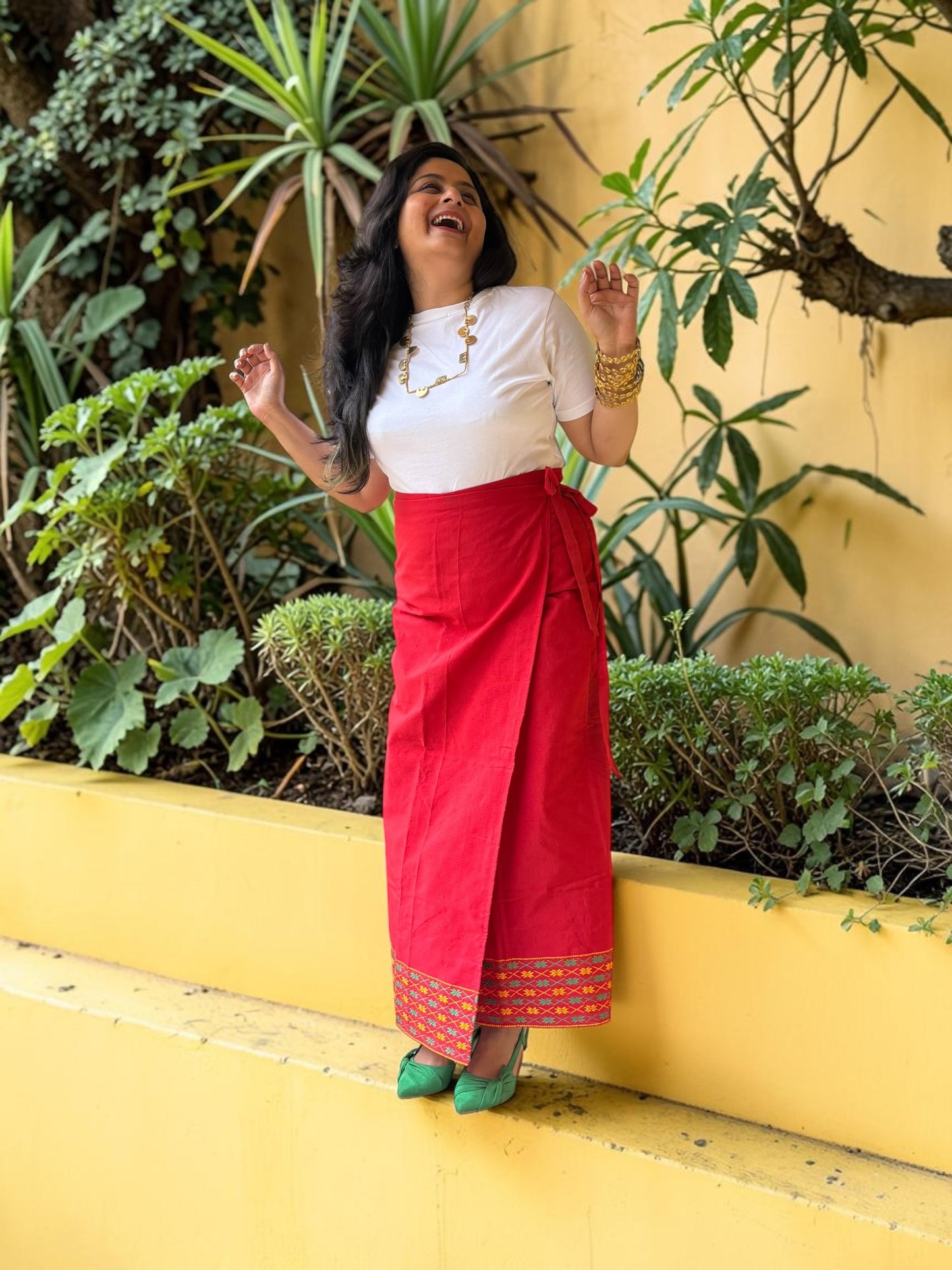 Naobi Assamese Cotton Wrap Skirt - Red