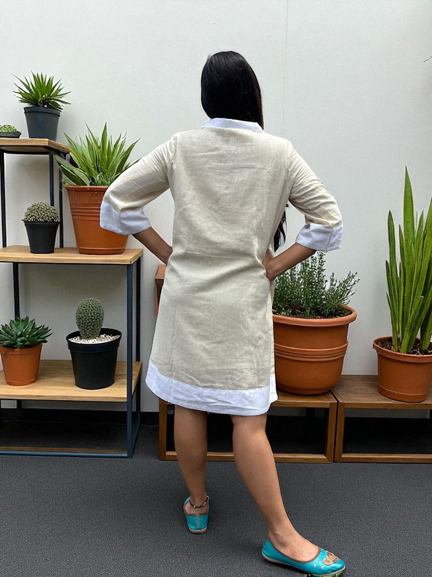 Sarang Antifit Sleeves Embroidered Khadi Cotton A-line Dress - Cream
