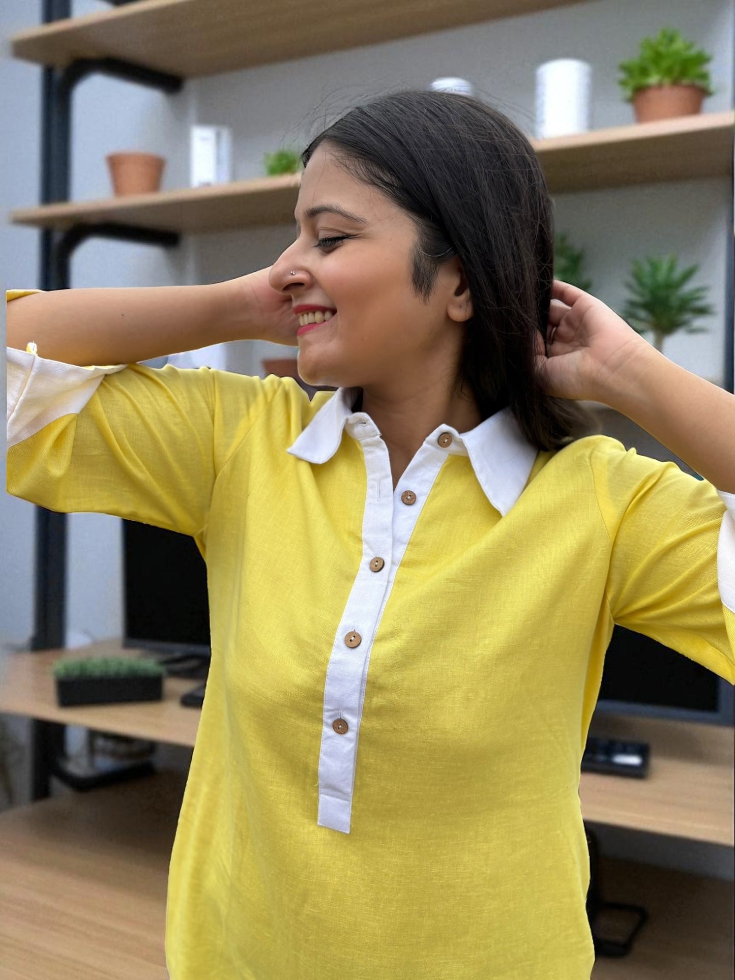 Sarang Antifit Sleeves Embroidered Khadi Cotton A-line Dress - Yellow