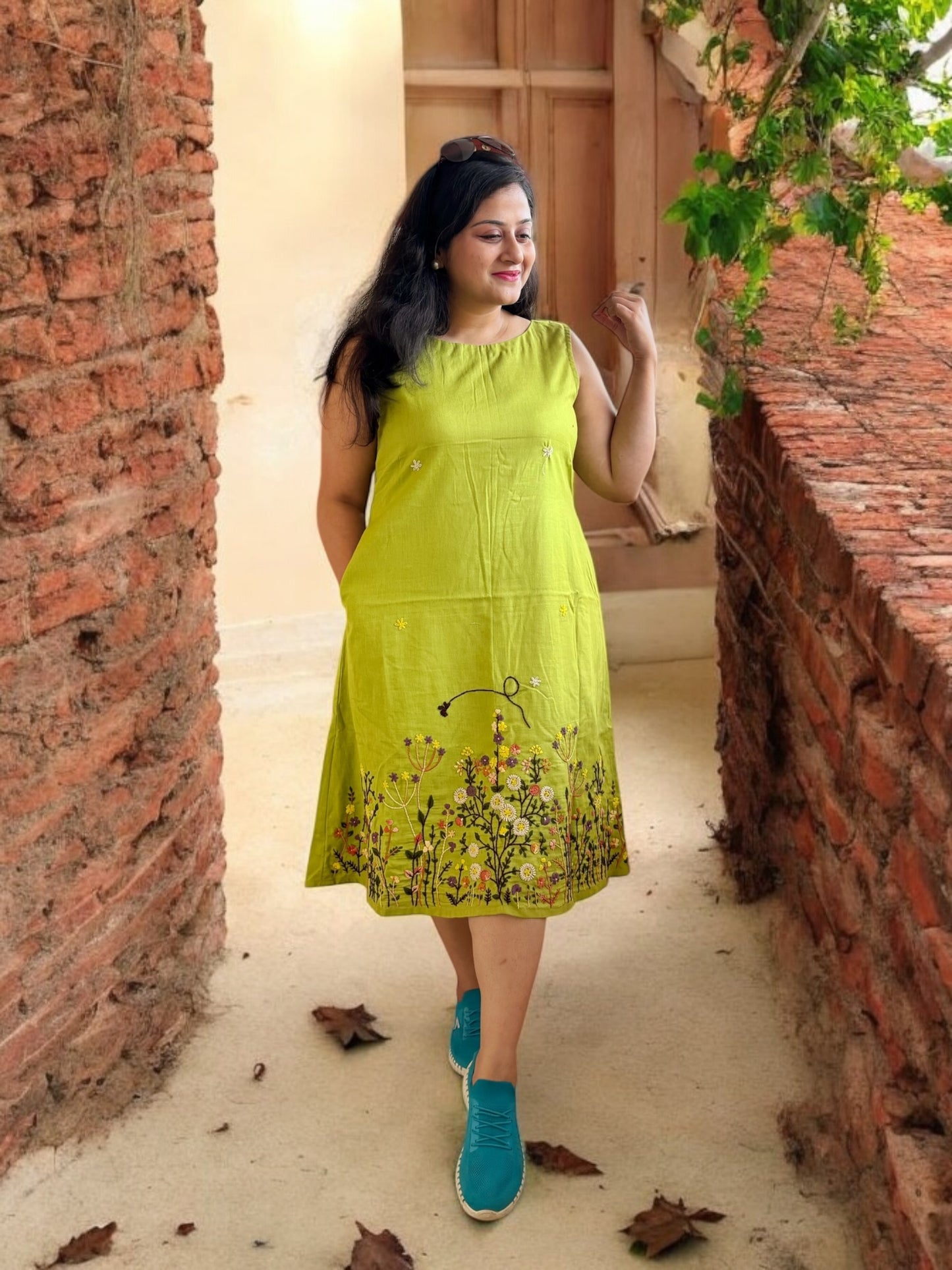 Bianca Embroidered Khadi Cotton A-line Dress - Green