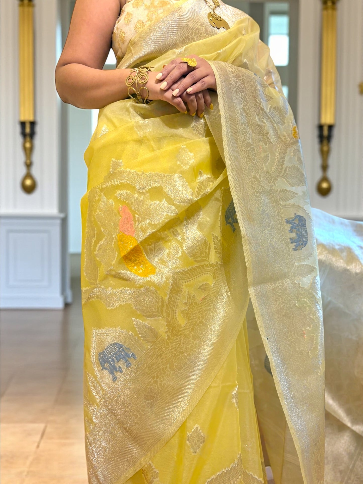 Iravati Cream Gold Organza Benarasi