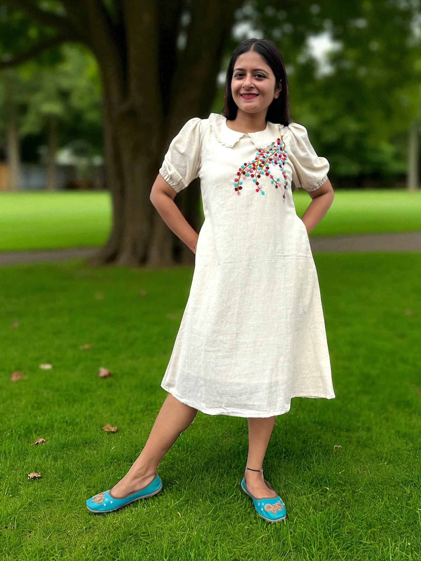Candycrush Puff Sleeved Embroidered Khadi Cotton A-line Dress - Cream