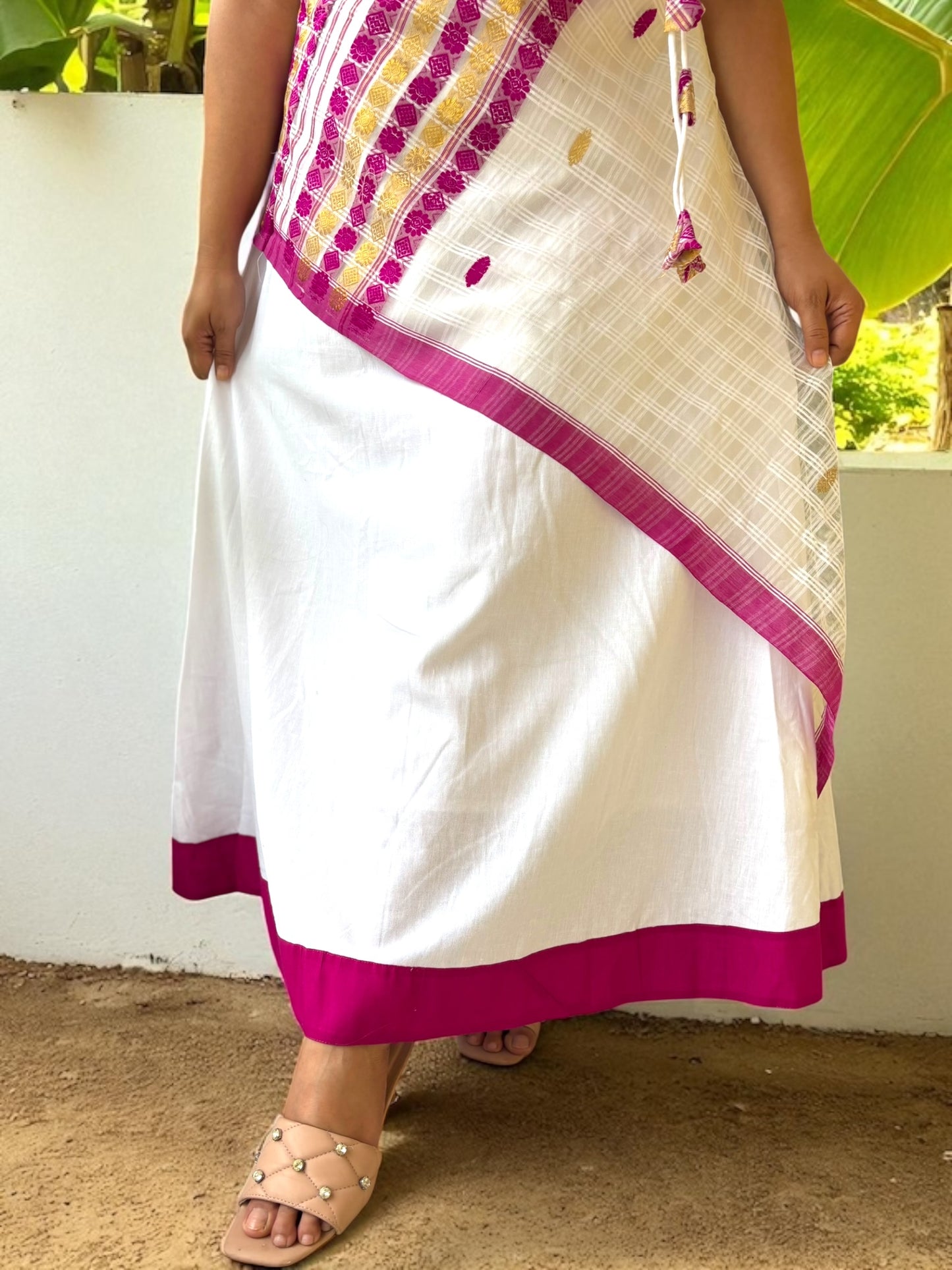 Birangana Assamese Cotton Long Dress - White & Purple