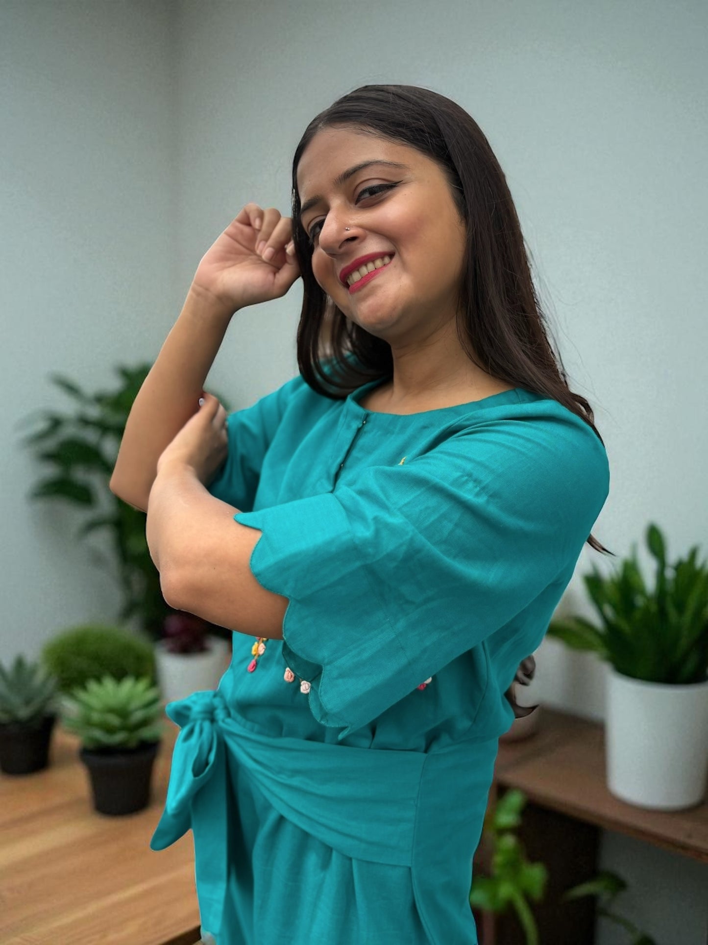 Nobita Embroidered Khadi Cotton Wrap Belt Dress - Turquoise Blue
