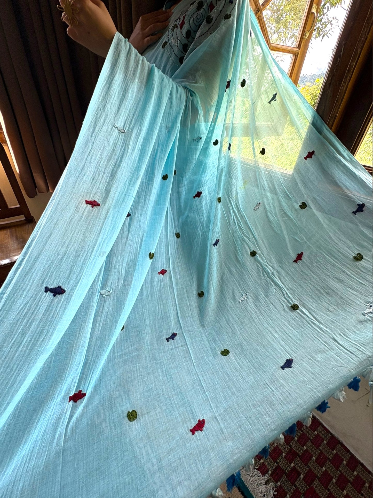 Water Hand-Embroidered Cotton Saree - Blue