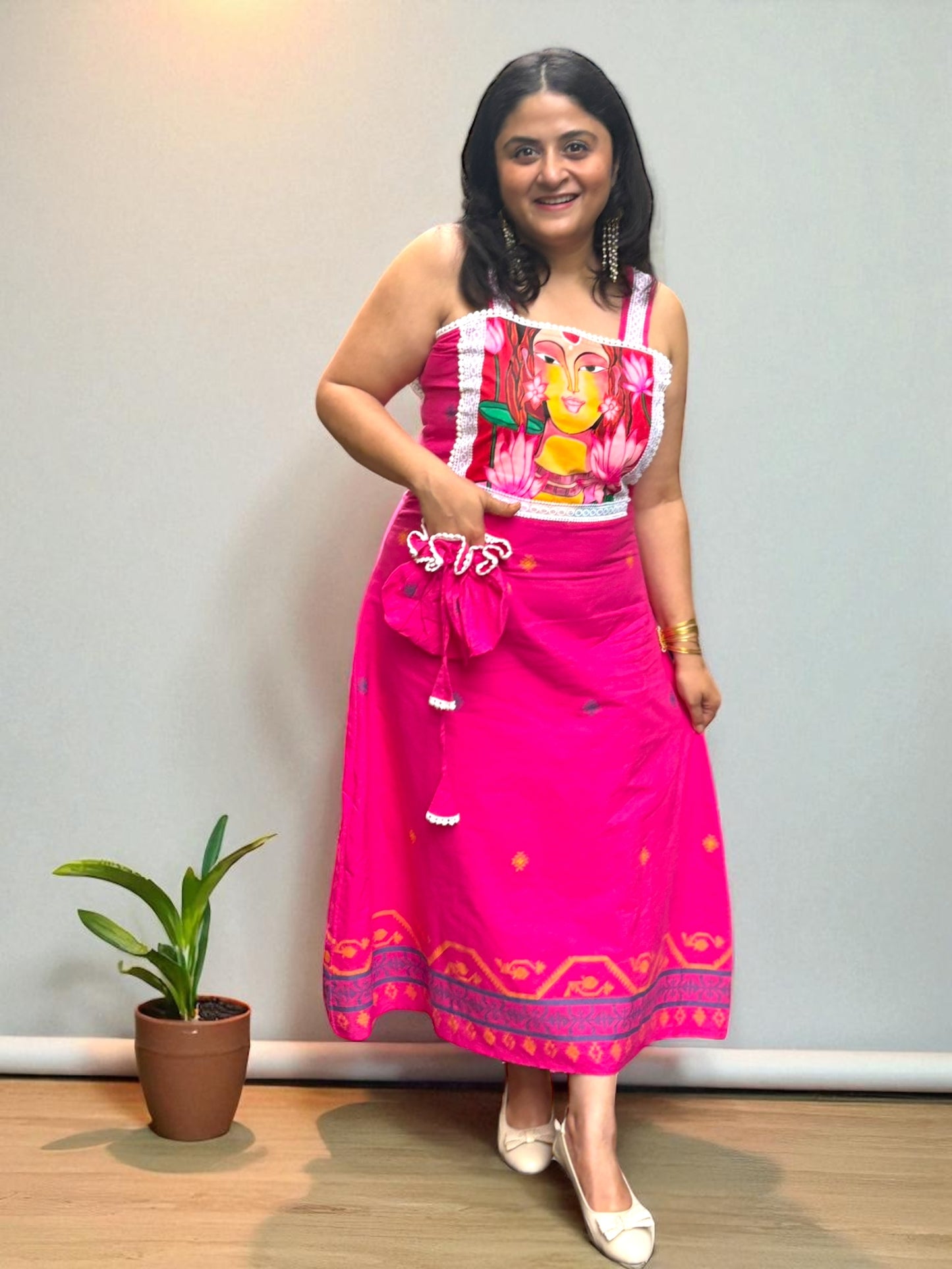 Devika Hand-Painted Cotton Jamdani Dress - Hot Pink