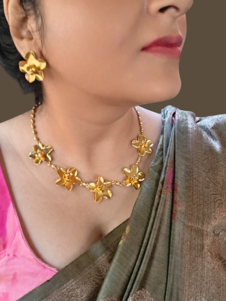 Ghungru Beads Brass Necklace Jewelry Set (Necklace + Stud Earrings)