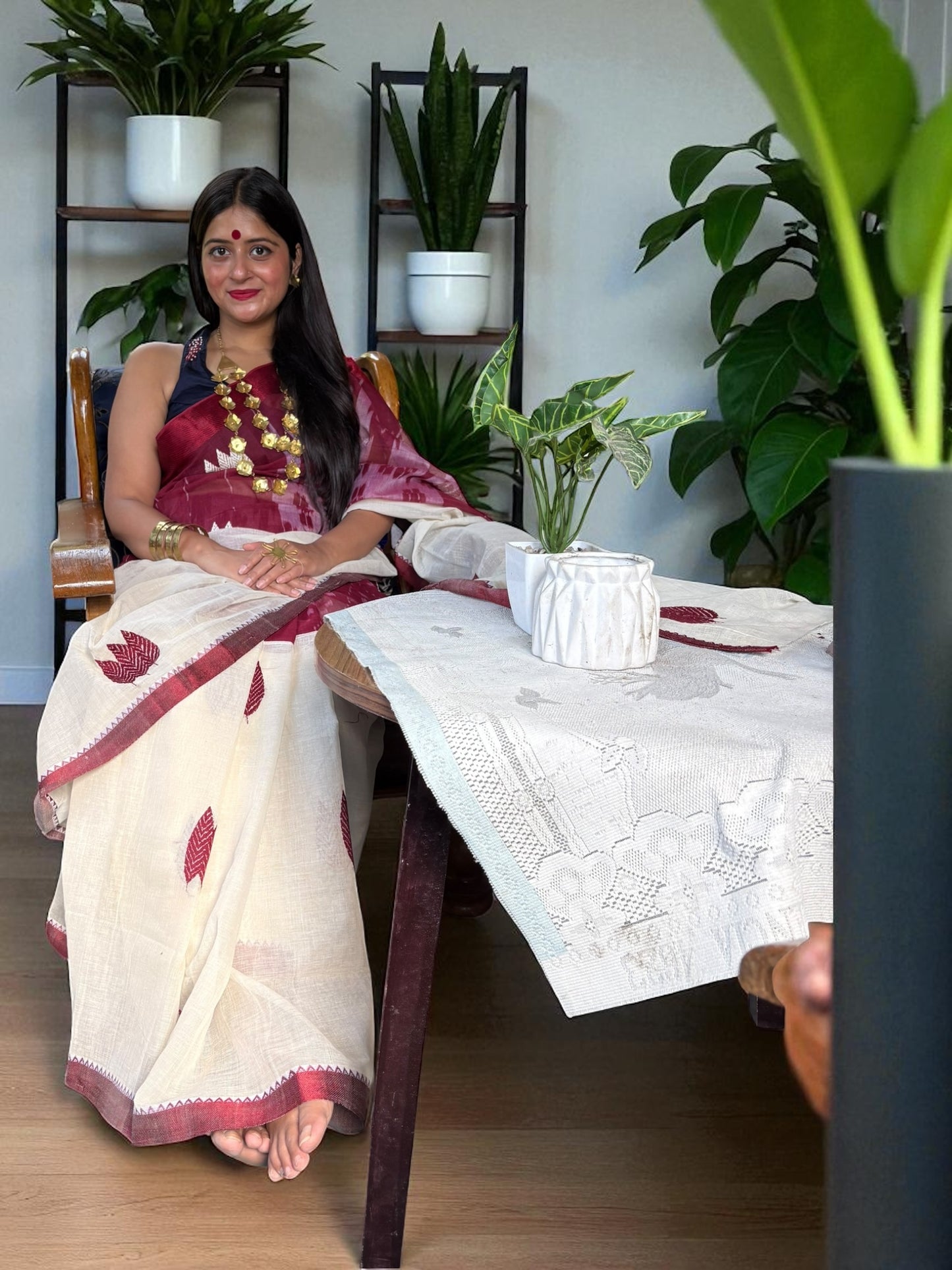 Autumn Leaf Cream Maroon Kantha Stitch Embroidered Cotton Saree