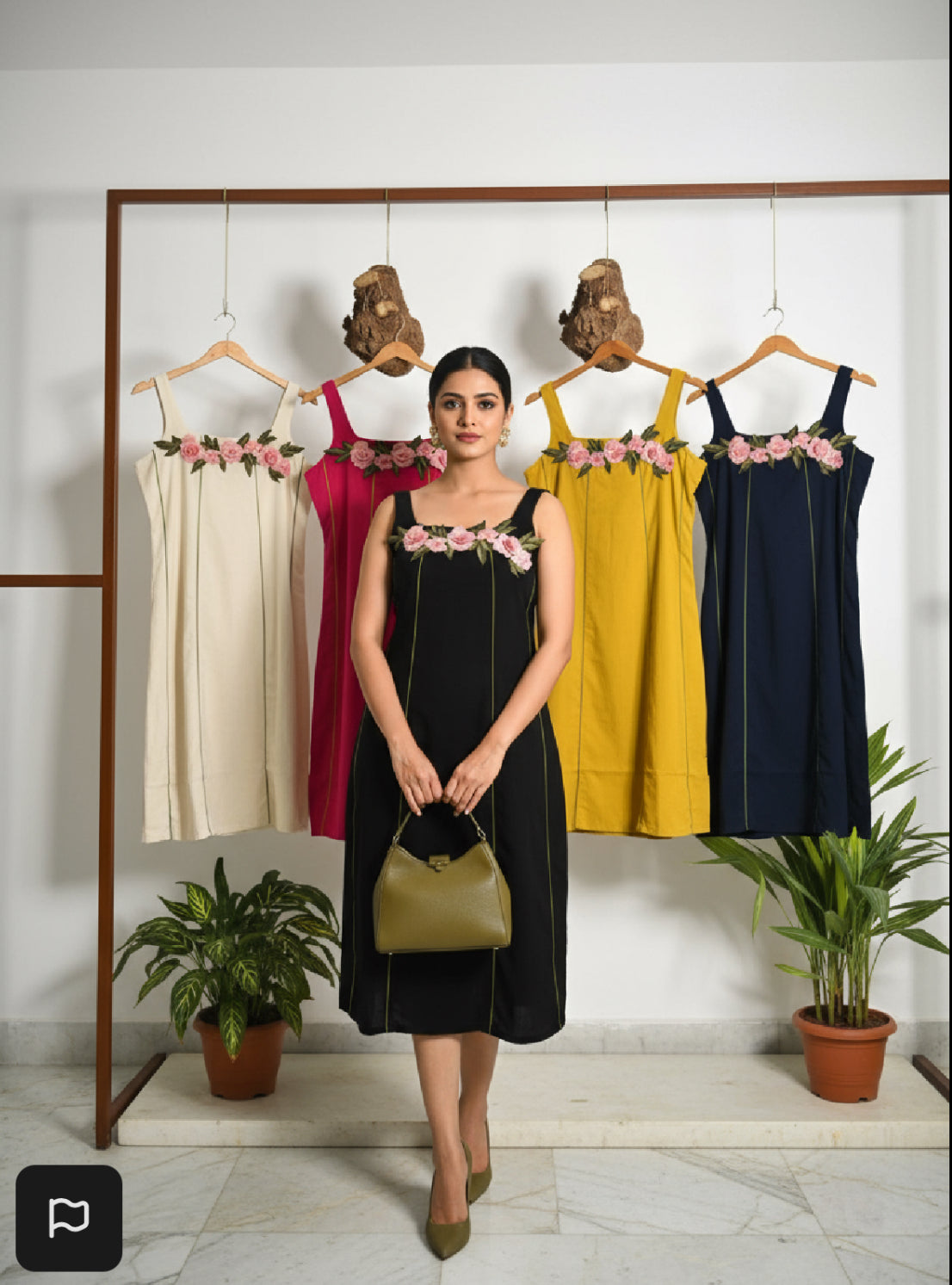 Akanksha Applique Black Cotton Striped Shift Dress