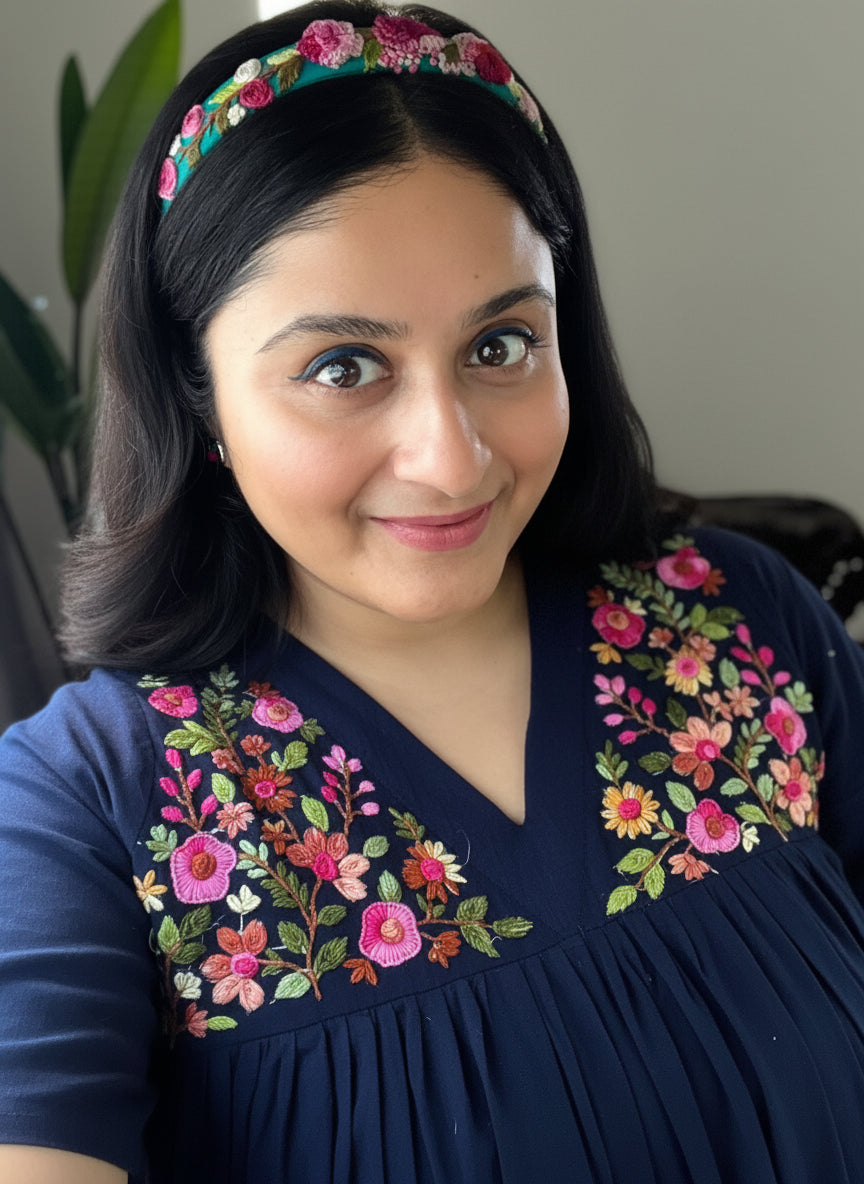 Disha Hand-Embroidered Cotton Midi Dress - Navy Blue