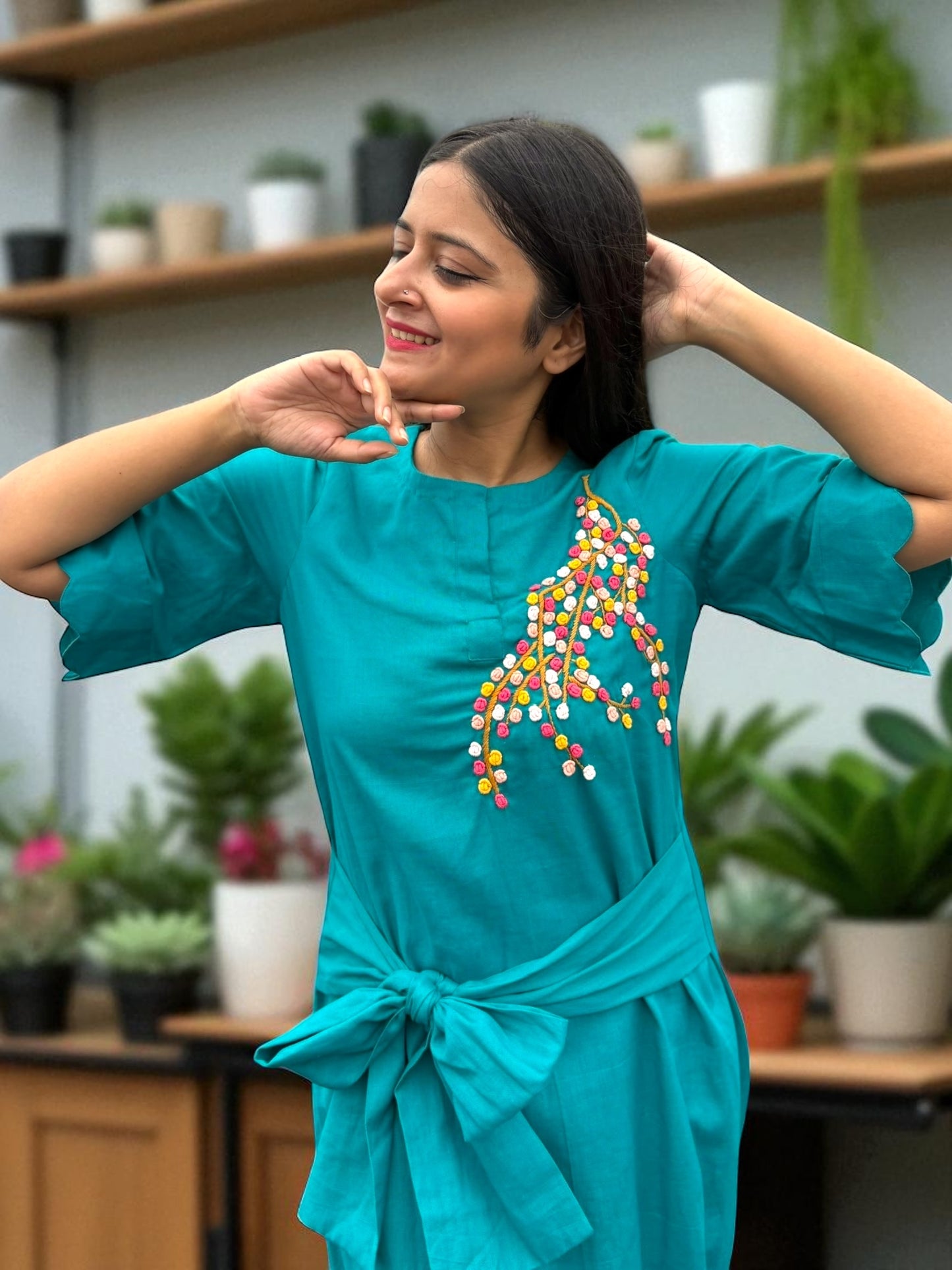 Nobita Embroidered Khadi Cotton Wrap Belt Dress - Turquoise Blue
