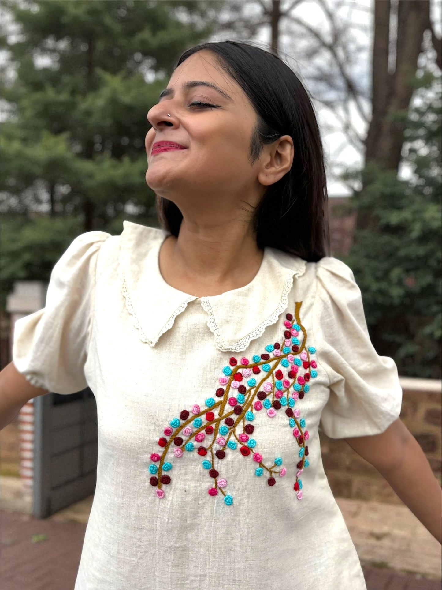 Candycrush Puff Sleeved Embroidered Khadi Cotton A-line Dress - Cream