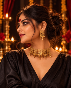 Maharani's Court Premium Sculptural Brass Necklace Jewelry Set (Necklace, Earrings)
