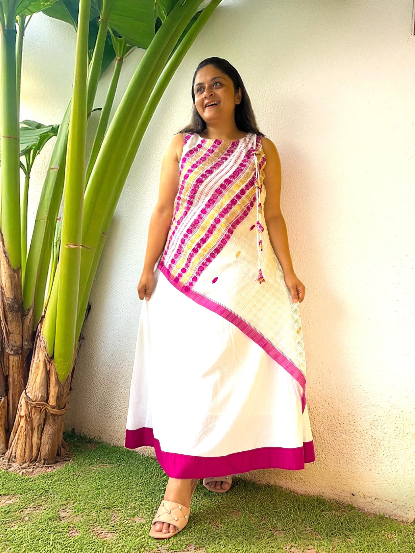 Birangana Assamese Cotton Long Dress - White & Purple