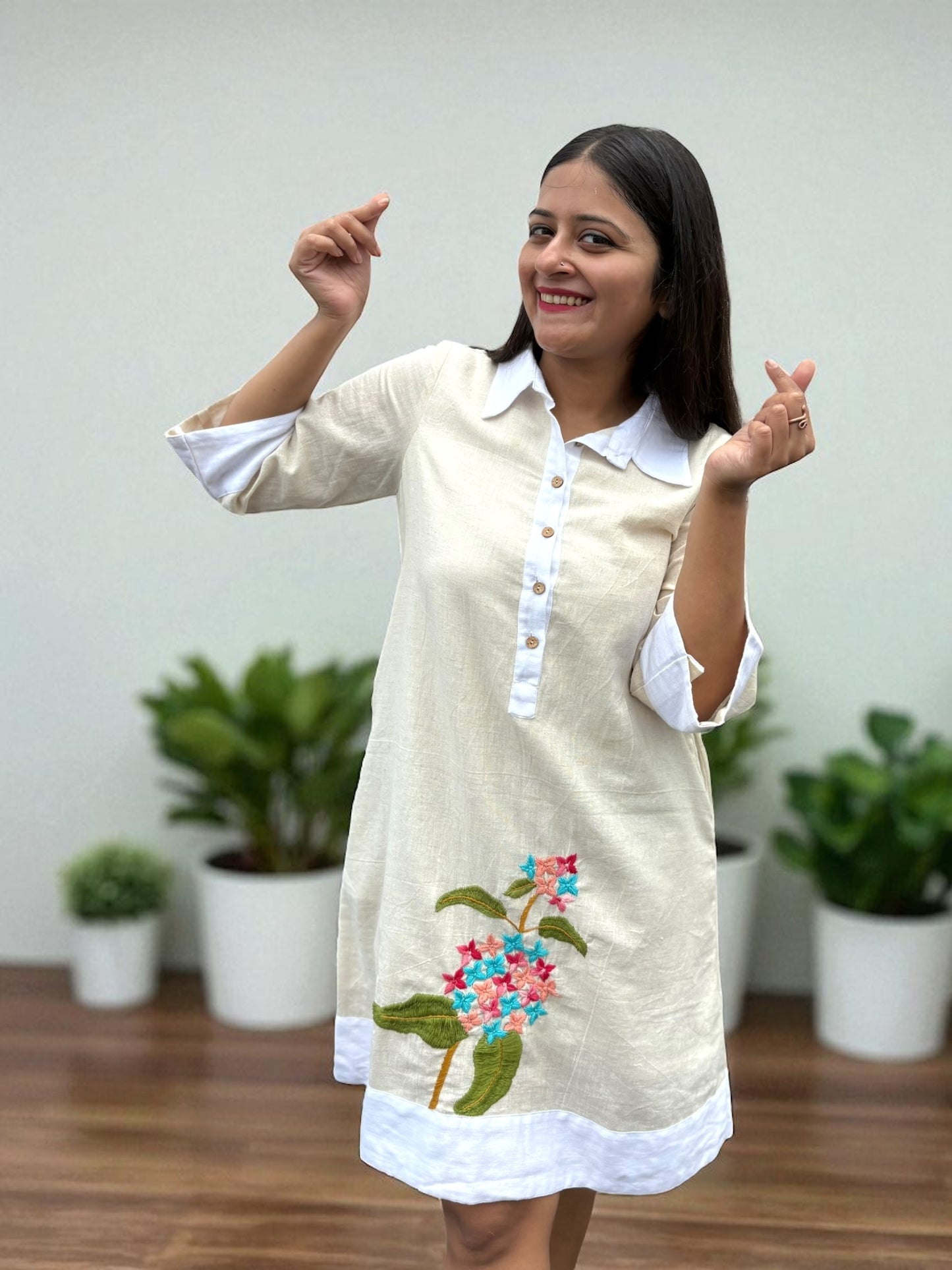 Sarang Antifit Sleeves Embroidered Khadi Cotton A-line Dress - Cream