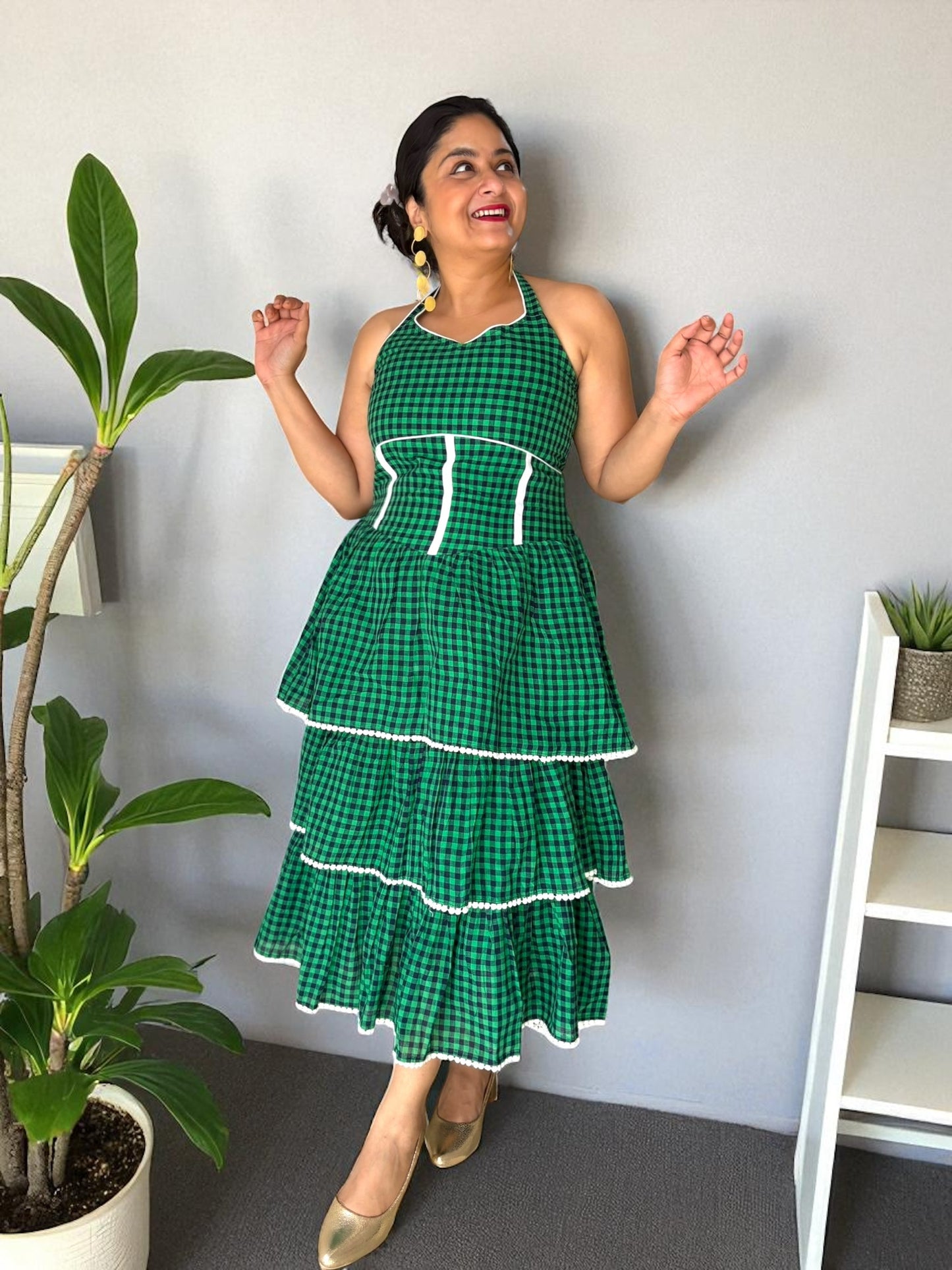 Dora Halter-Neck Tiered Flared Gamchha Cotton Dress