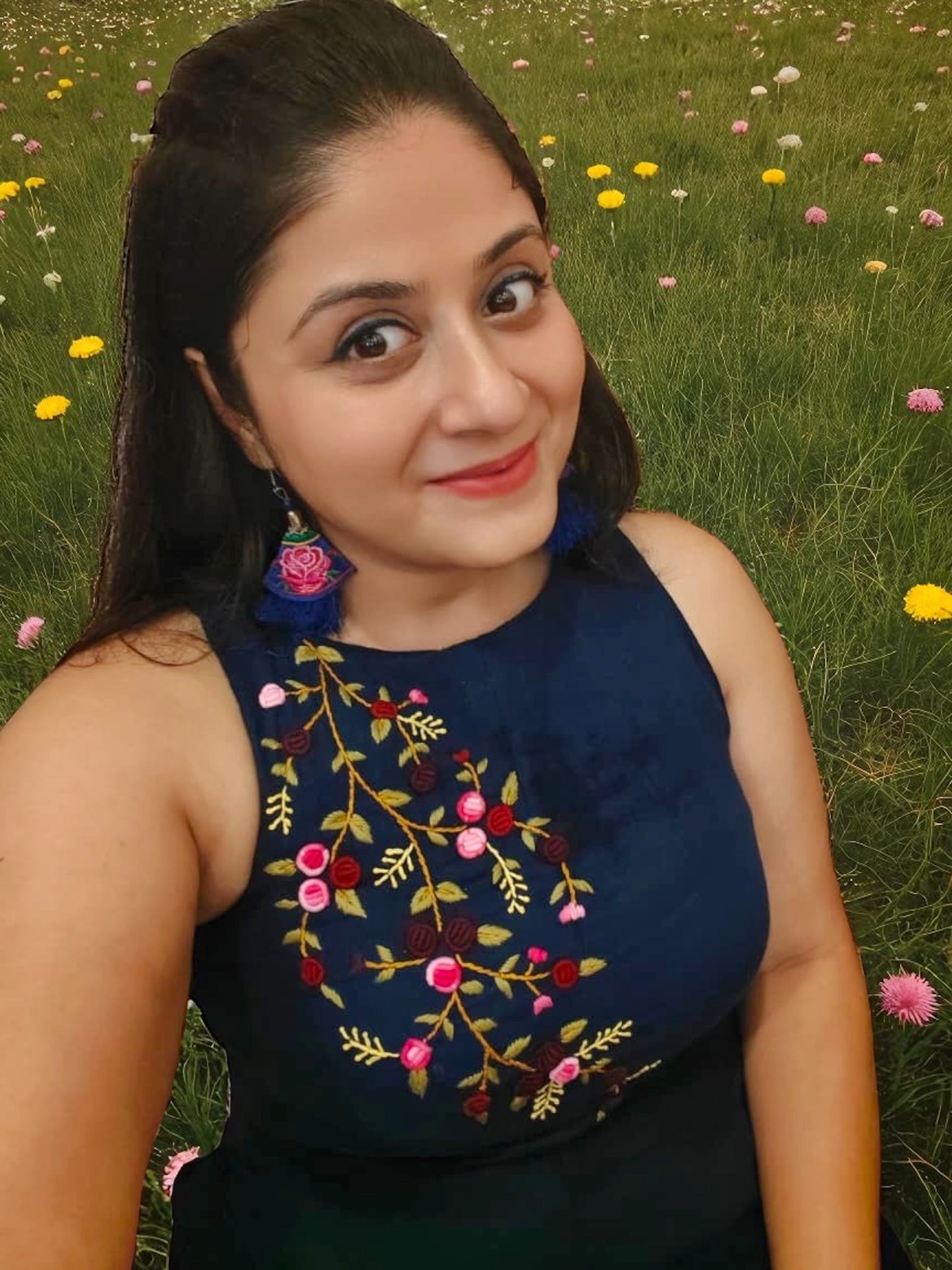 Ishani Hand-Embroidered Cotton Midi Dress - Navy Blue