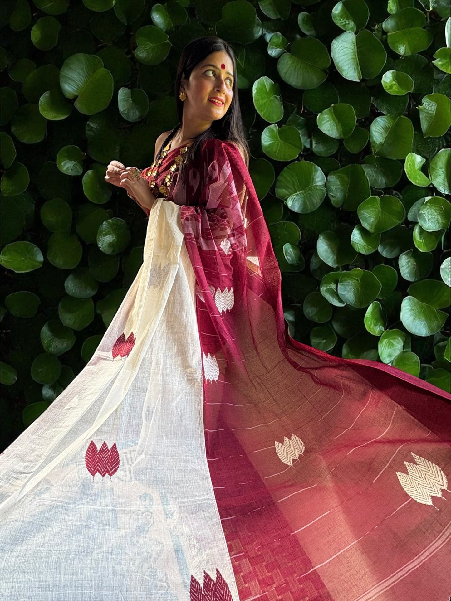 Autumn Leaf Cream Maroon Kantha Stitch Embroidered Cotton Saree