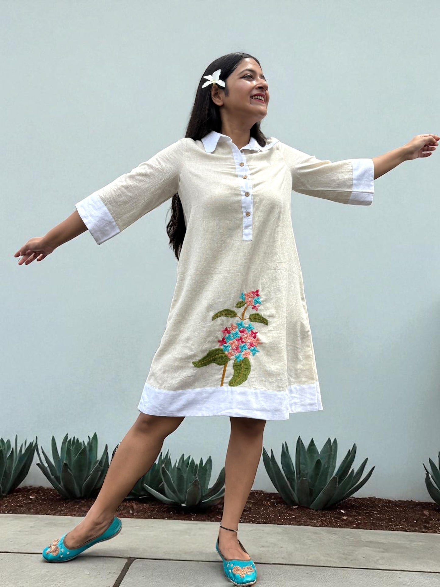 Sarang Antifit Sleeves Embroidered Khadi Cotton A-line Dress - Cream