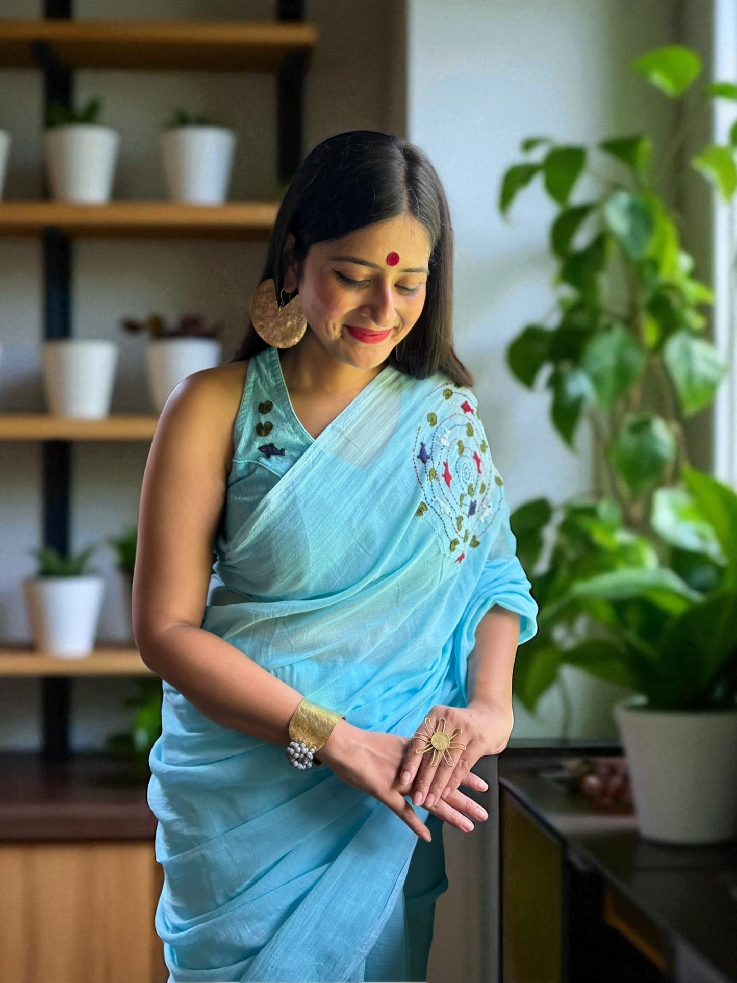 Water Cotton Hand-Embroidered Blouse - Blue