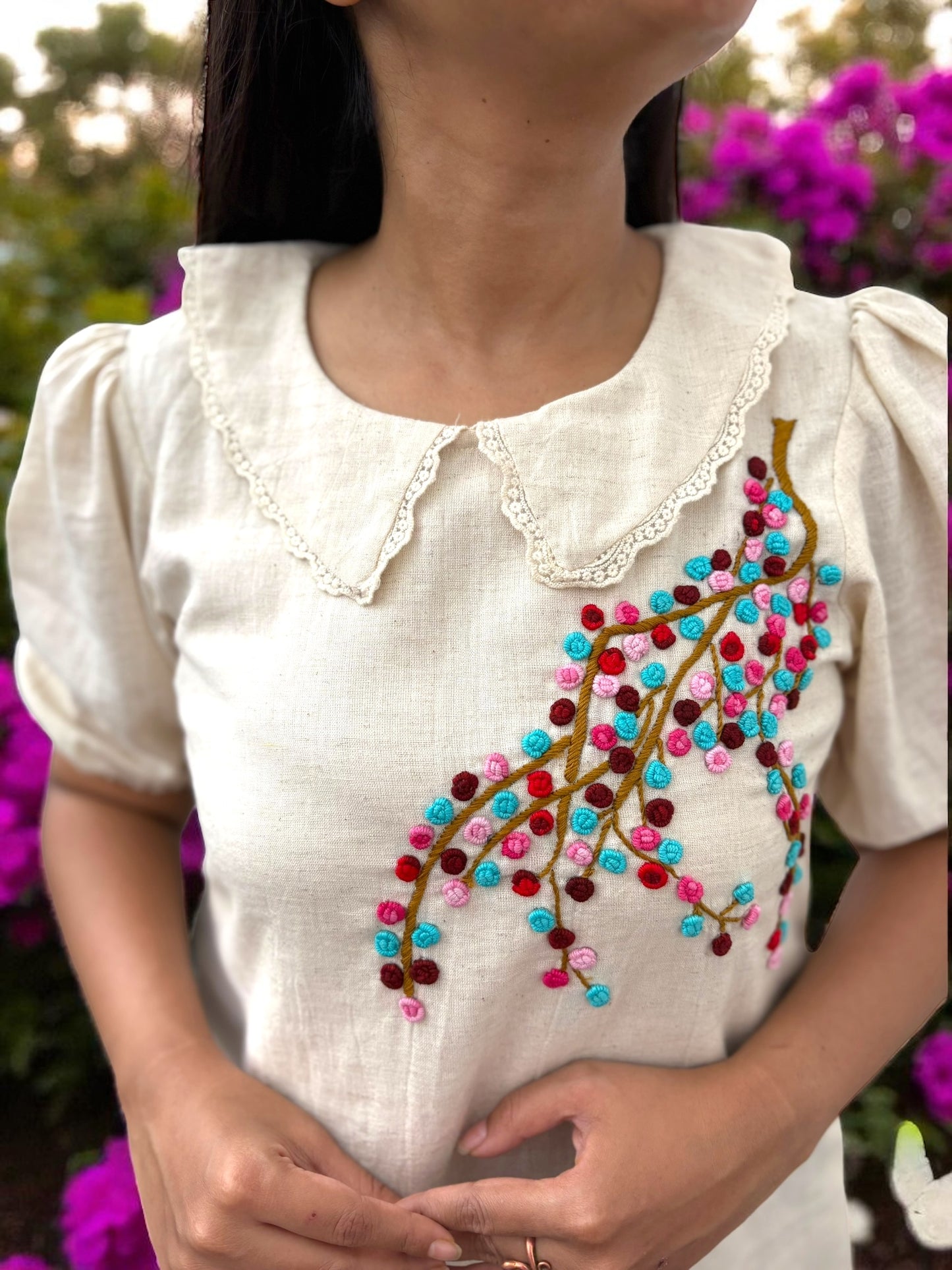 Candycrush Puff Sleeved Embroidered Khadi Cotton A-line Dress - Cream