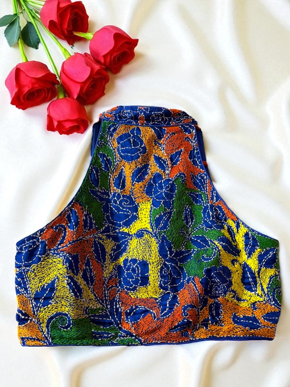 Kanthamrita Kantha-embroidered Halter-cut Cotton Padded Blouse