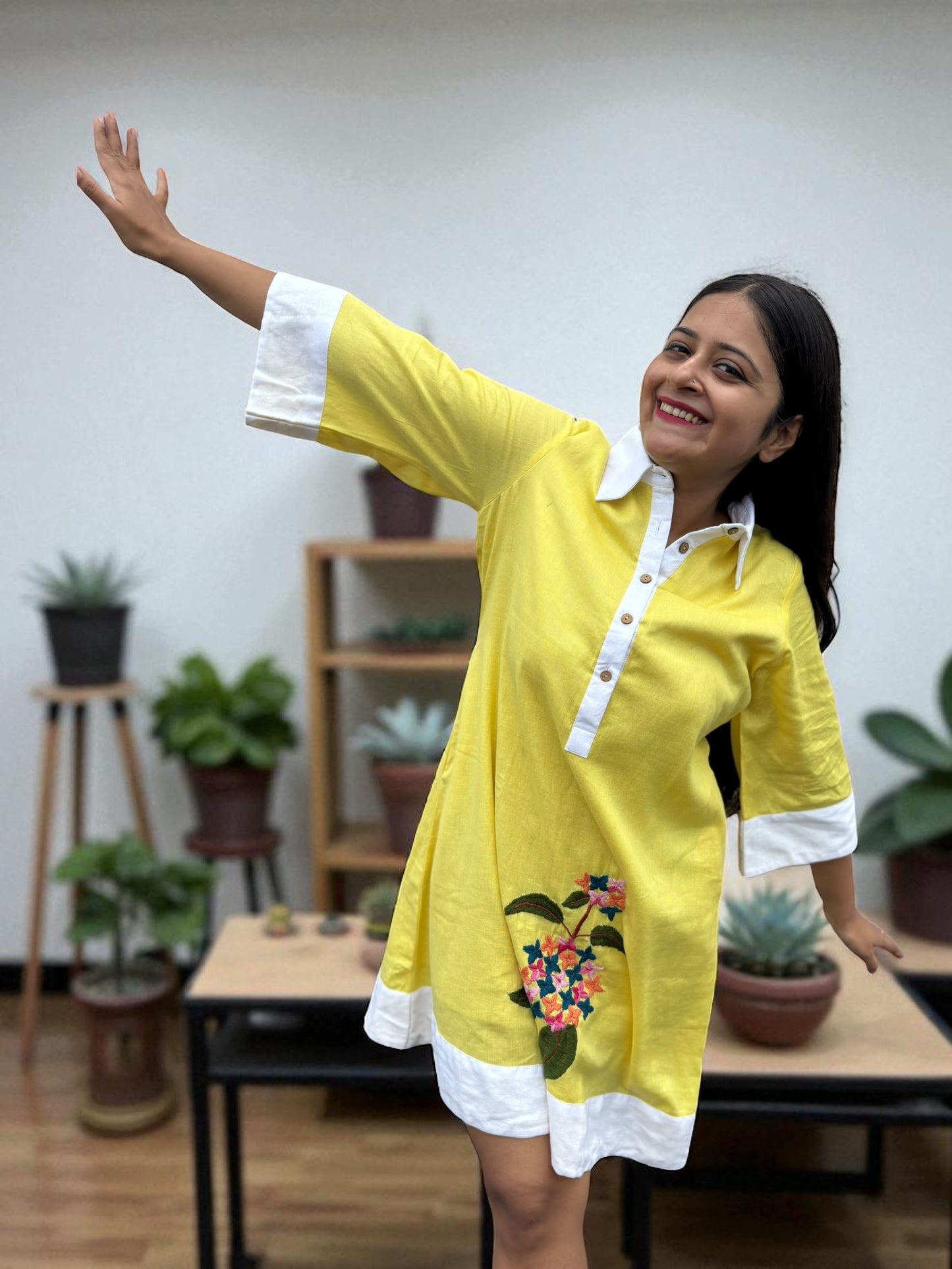 Sarang Antifit Sleeves Embroidered Khadi Cotton A-line Dress - Yellow