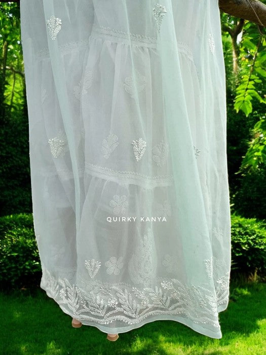Asmaani Chikankari Front-Slit Georgette Kurta - Sea Green