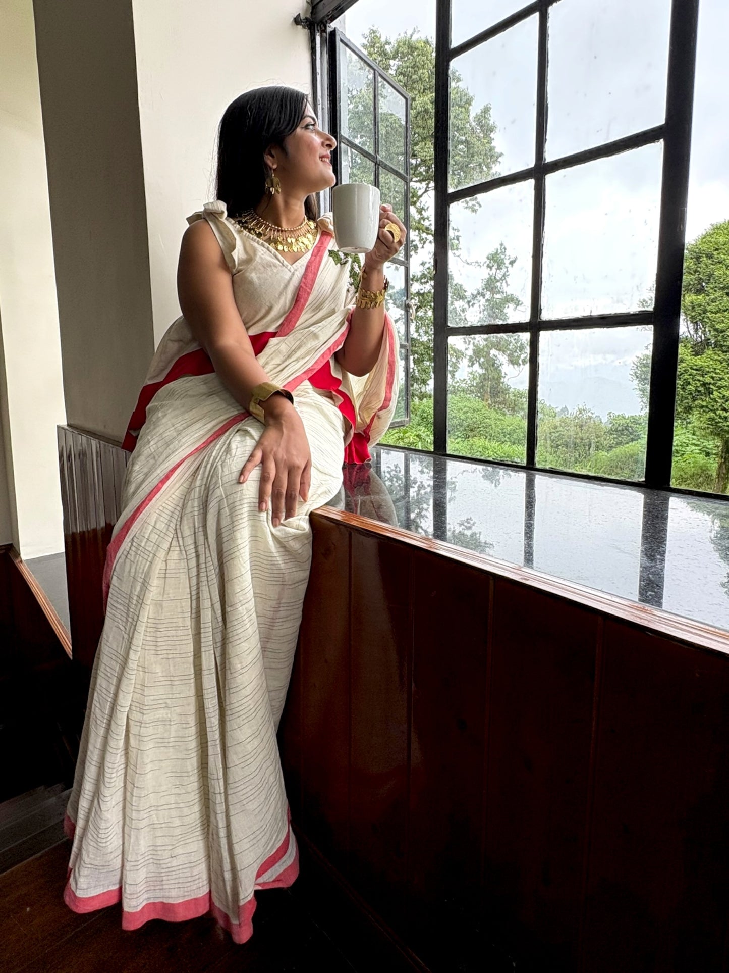 Shiuli Off-white & Red Hand-Embroidered Handloom Saree