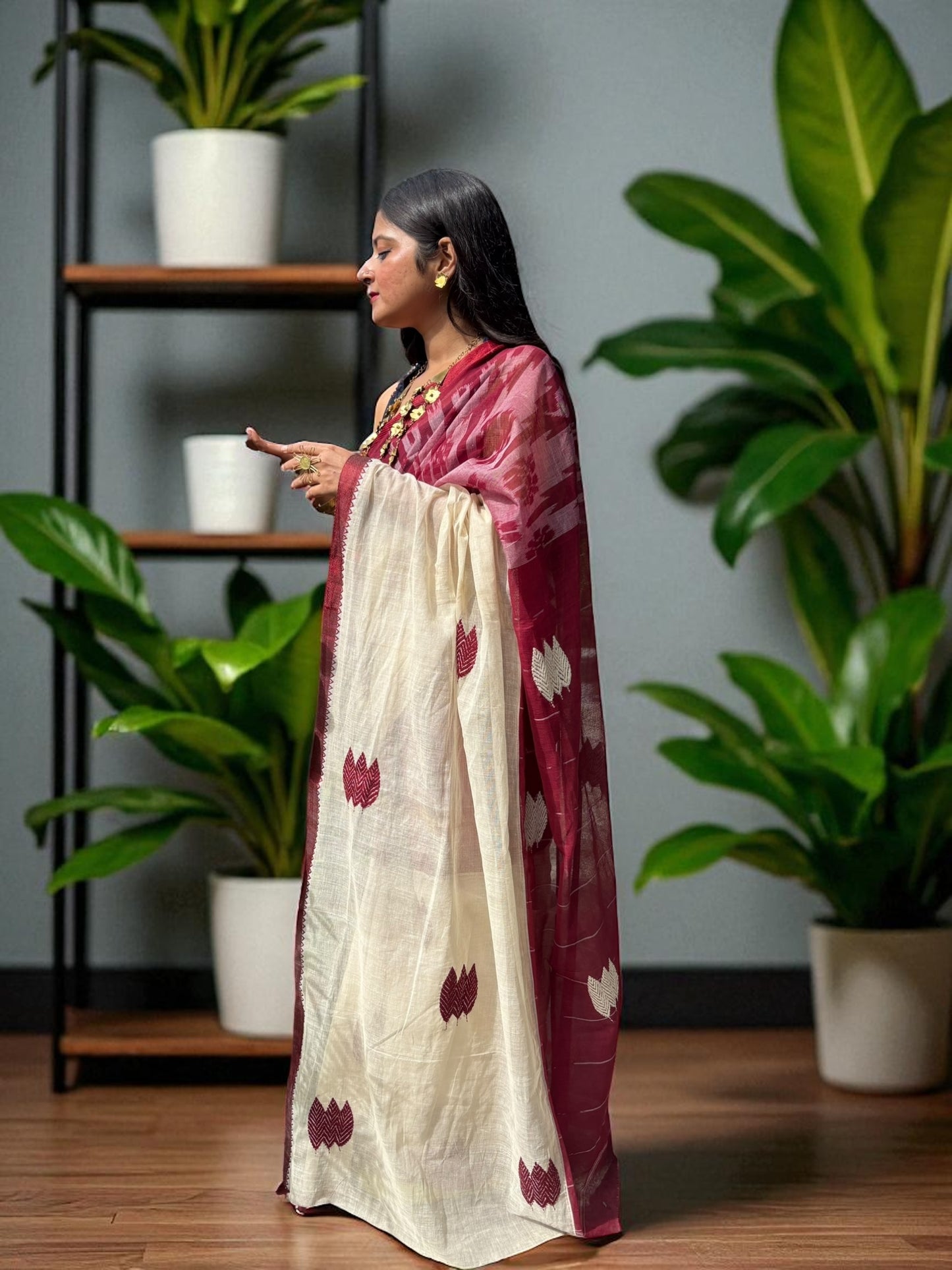 Autumn Leaf Cream Maroon Kantha Stitch Embroidered Cotton Saree