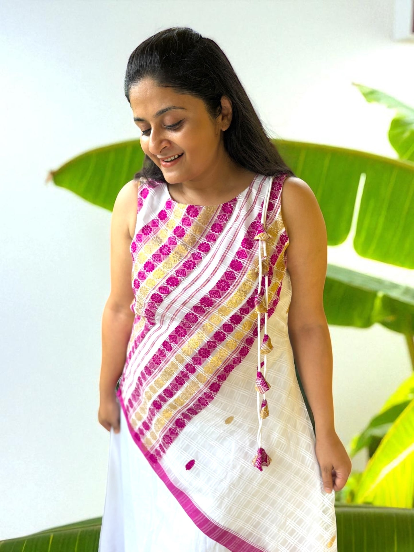 Birangana Assamese Cotton Long Dress - White & Purple