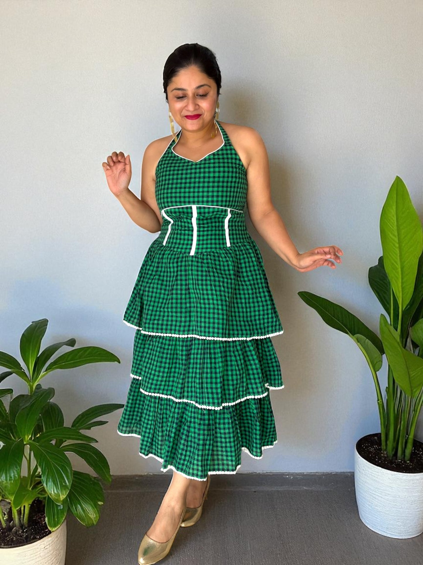 Dora Halter-Neck Tiered Flared Gamchha Cotton Dress