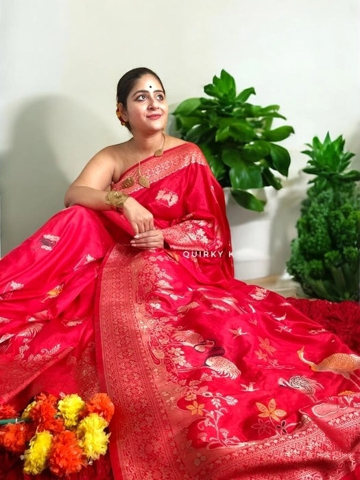 Birds of Paradise Japanese Motif Crepe Benarasi Saree - Red