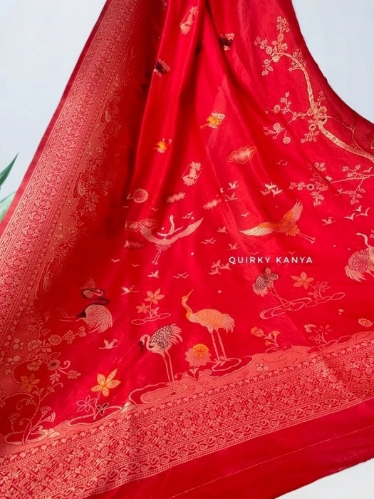 Birds of Paradise Japanese Motif Crepe Benarasi Saree - Red