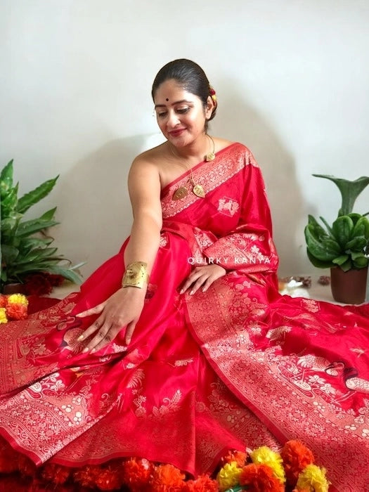 Birds of Paradise Japanese Motif Crepe Benarasi Saree - Red