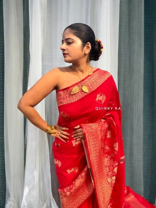 Birds of Paradise Japanese Motif Crepe Benarasi Saree - Red